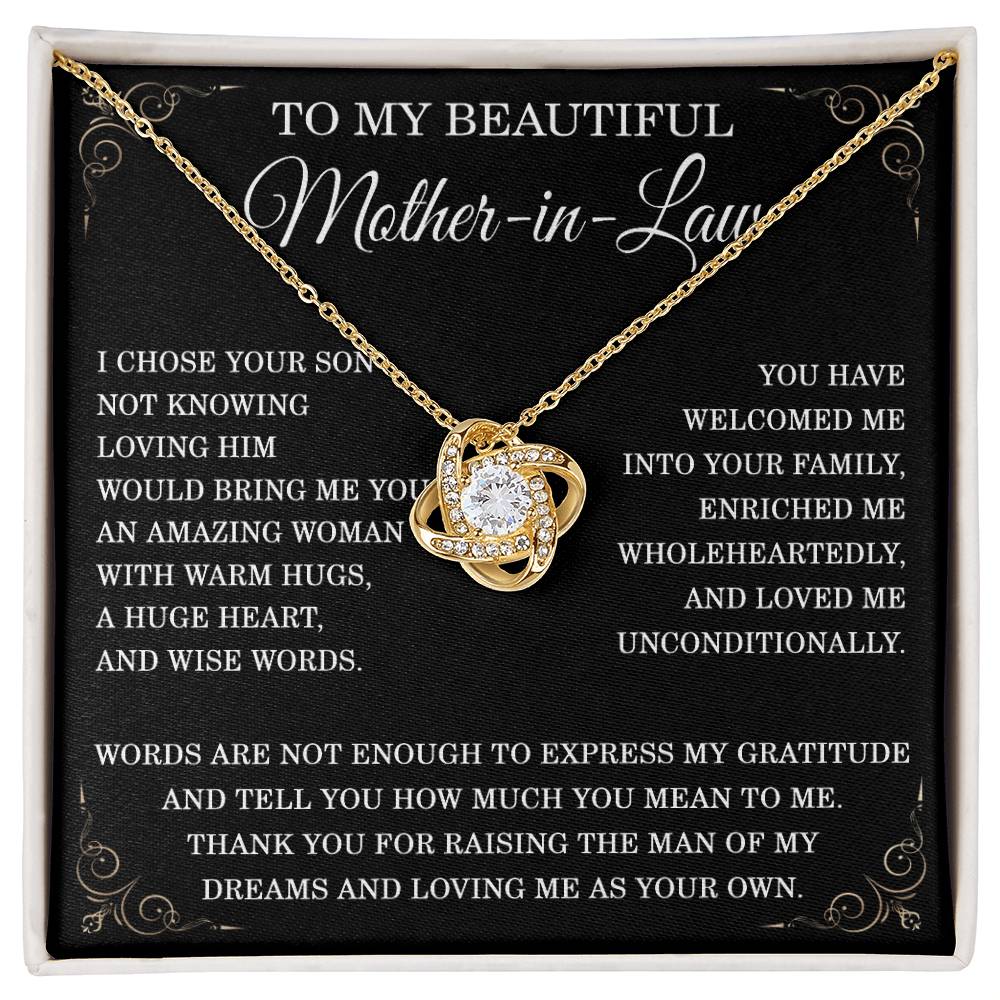 To My Beautiful Mother in Law Necklace Mother-in-law Christmas Gift from Son-in-Law Mother in law Birthday Gift Thank You for Raising the Man of My Dreams Mother-in-law Love Knot Necklace