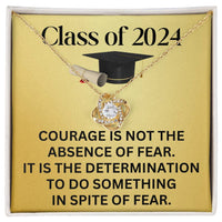 Load image into Gallery viewer, Class of 2024 Graduation Necklace, Love Knot Pendant Inspirational Graduation Gifts for Her, Courage is Not the Absence of Fear, Gifts from Family and Friends, 14k White or 18k Yellow Gold over Stainless Steel ShineOn Fulfillment
