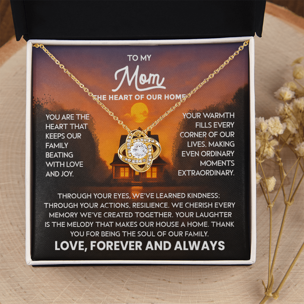 Mom Necklace for Women Stainless Steel, Mom Gifts for Birthday from Son, To My Mom the Heart of Our Home Message Card Jewelry with Love Knot Pendant