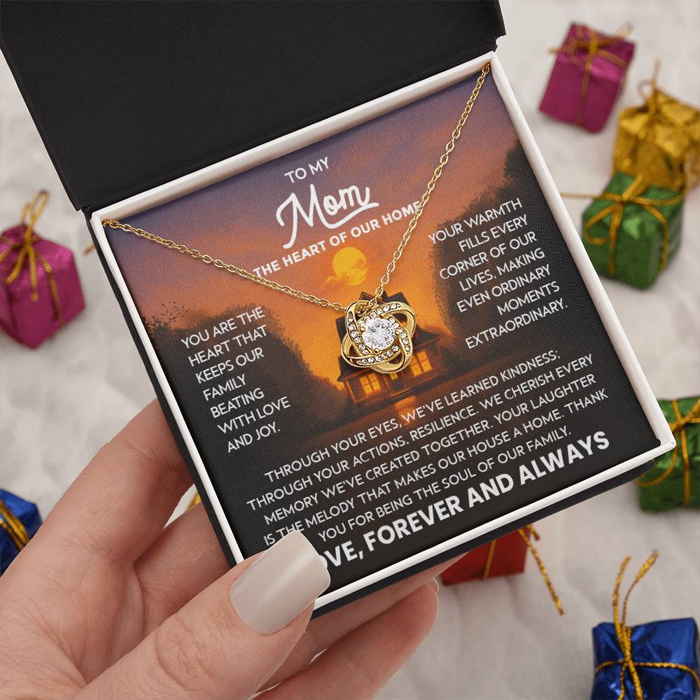 To Mom Necklace with Message Card, Sentimental Love Knot “Heart of Our Home” Gift for Mom