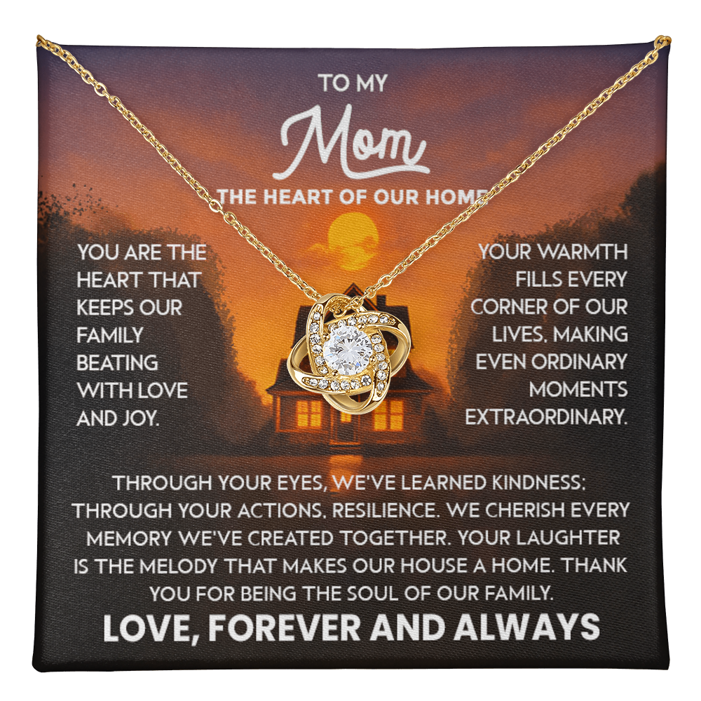 Mom Necklace for Women Stainless Steel, Mom Gifts for Birthday from Son, To My Mom the Heart of Our Home Message Card Jewelry with Love Knot Pendant