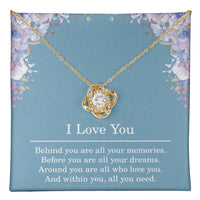 Load image into Gallery viewer, Yellow gold love knot necklace with inspirational graduation message card
