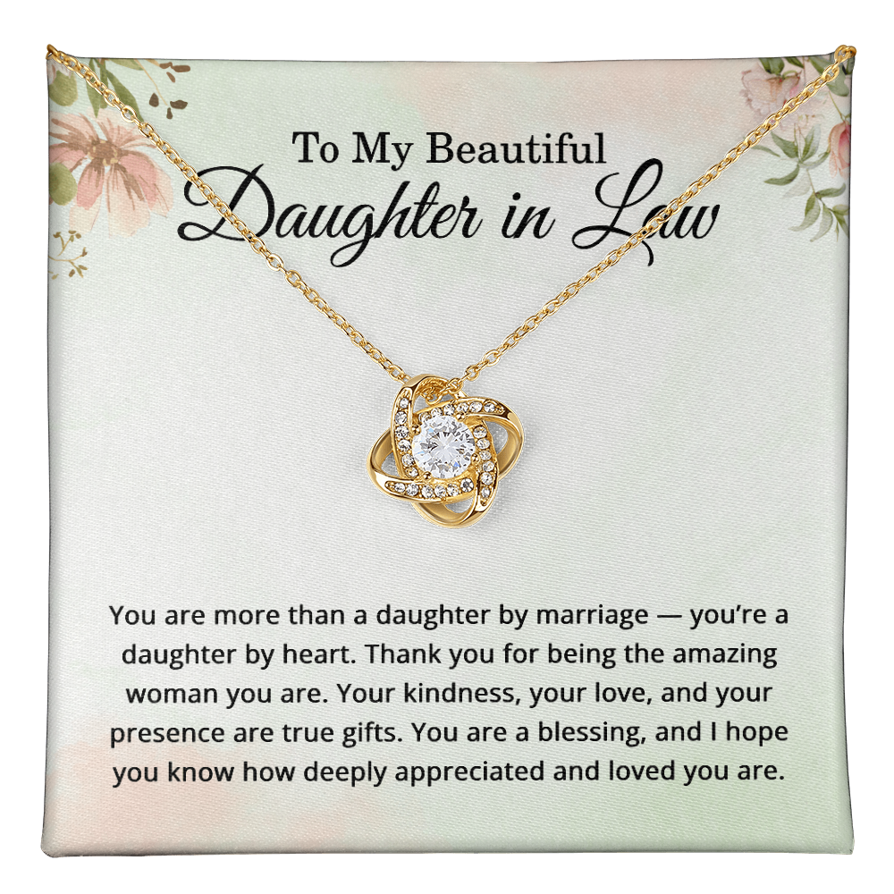Gold love knot necklace for daughter-in-law in mahogany luxury box with sentimental message card