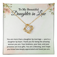 Load image into Gallery viewer, Gold love knot necklace for daughter-in-law in mahogany luxury box with sentimental message card
