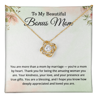 Load image into Gallery viewer, Gold love knot necklace for bonus mom in mahogany luxury box with sentimental message card
