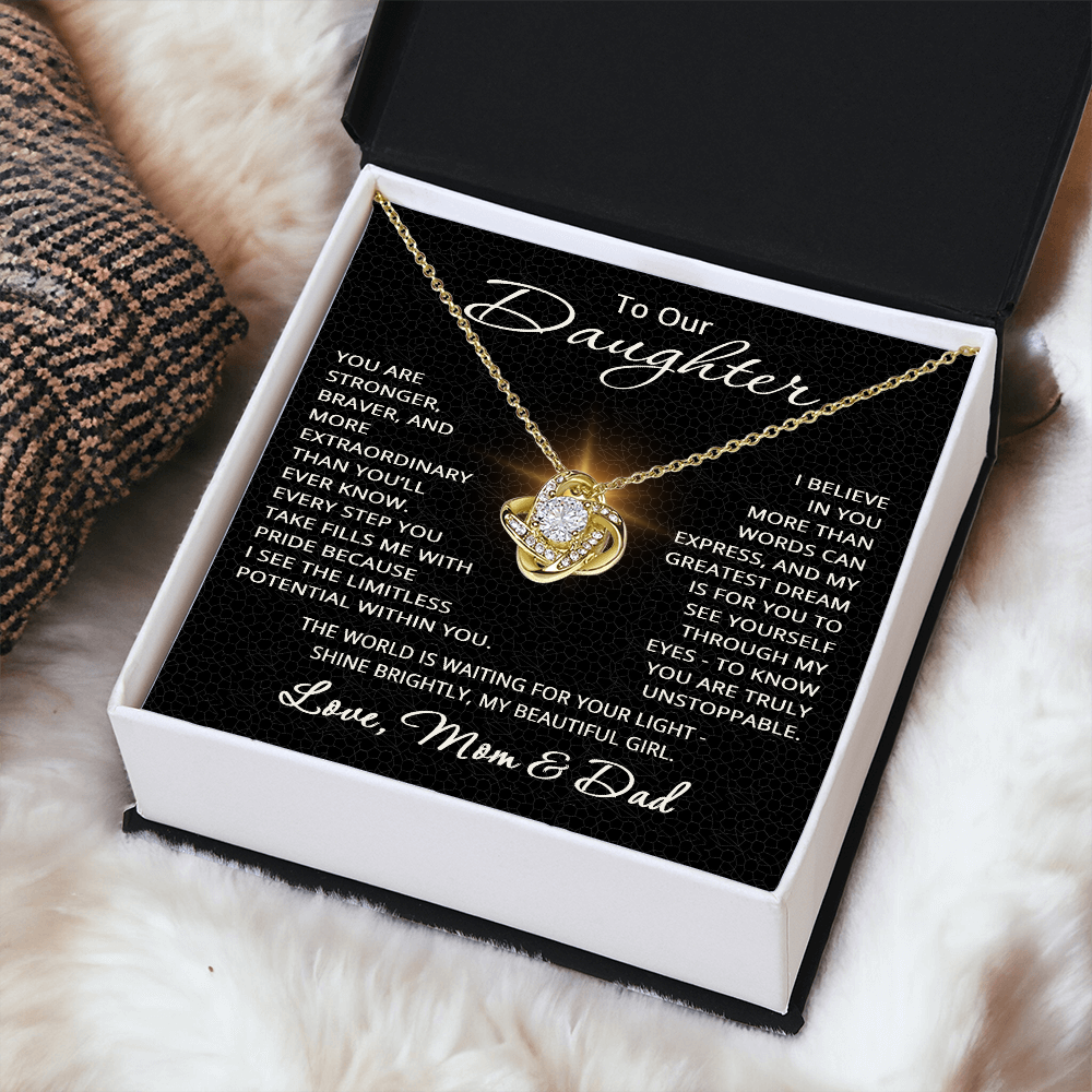To Our Daughter Necklace – Gift from Mom and Dad – Love Knot Pendant for Birthday or Christmas