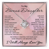 Load image into Gallery viewer, Gold love knot necklace for bonus daughter in mahogany luxury box with sentimental message card
