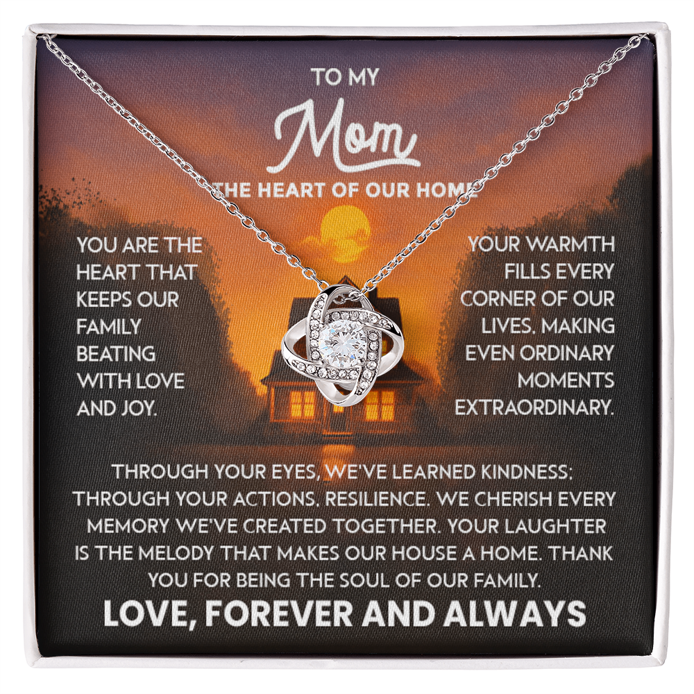 Mom Necklace for Women Stainless Steel, Mom Gifts for Birthday from Son, To My Mom the Heart of Our Home Message Card Jewelry with Love Knot Pendant