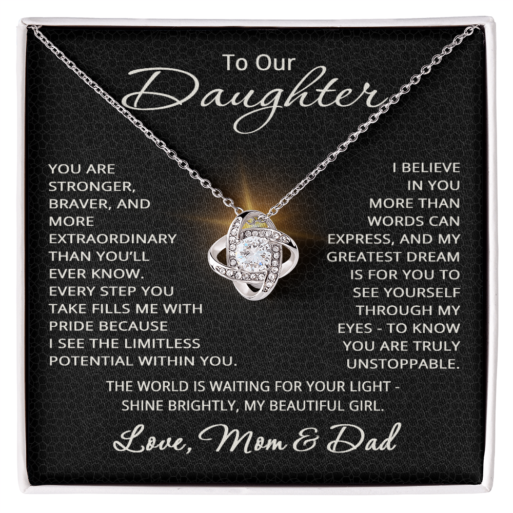 To Our Daughter Necklace – Gift from Mom and Dad – Love Knot Pendant for Birthday or Christmas