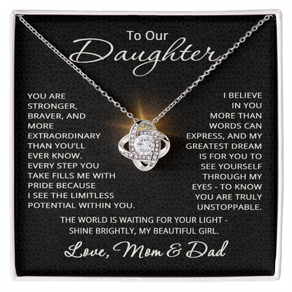 To Our Daughter Necklace – Gift from Mom and Dad – Love Knot Pendant for Birthday or Christmas