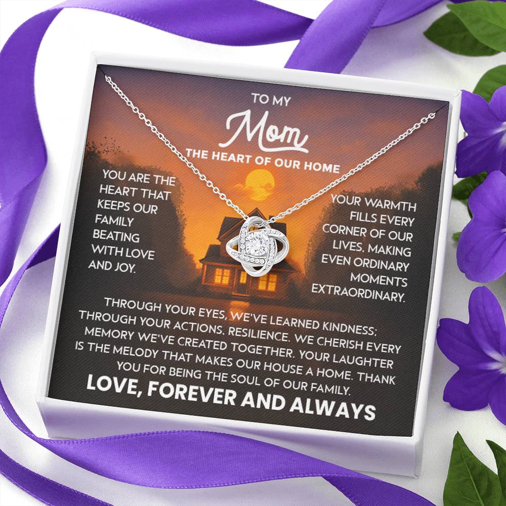 Mom Necklace for Women Stainless Steel, Mom Gifts for Birthday from Son, To My Mom the Heart of Our Home Message Card Jewelry with Love Knot Pendant