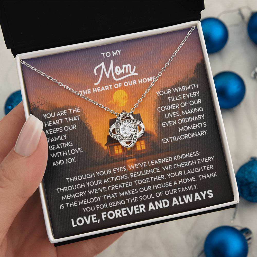 Mom Necklace for Women Stainless Steel, Mom Gifts for Birthday from Son, To My Mom the Heart of Our Home Message Card Jewelry with Love Knot Pendant