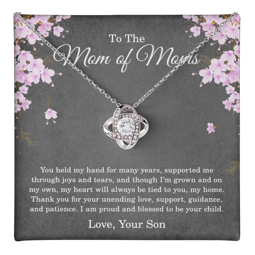 To the Mom of Moms Necklace from Son with Message Card, Sentimental Love Knot Gift for Mom