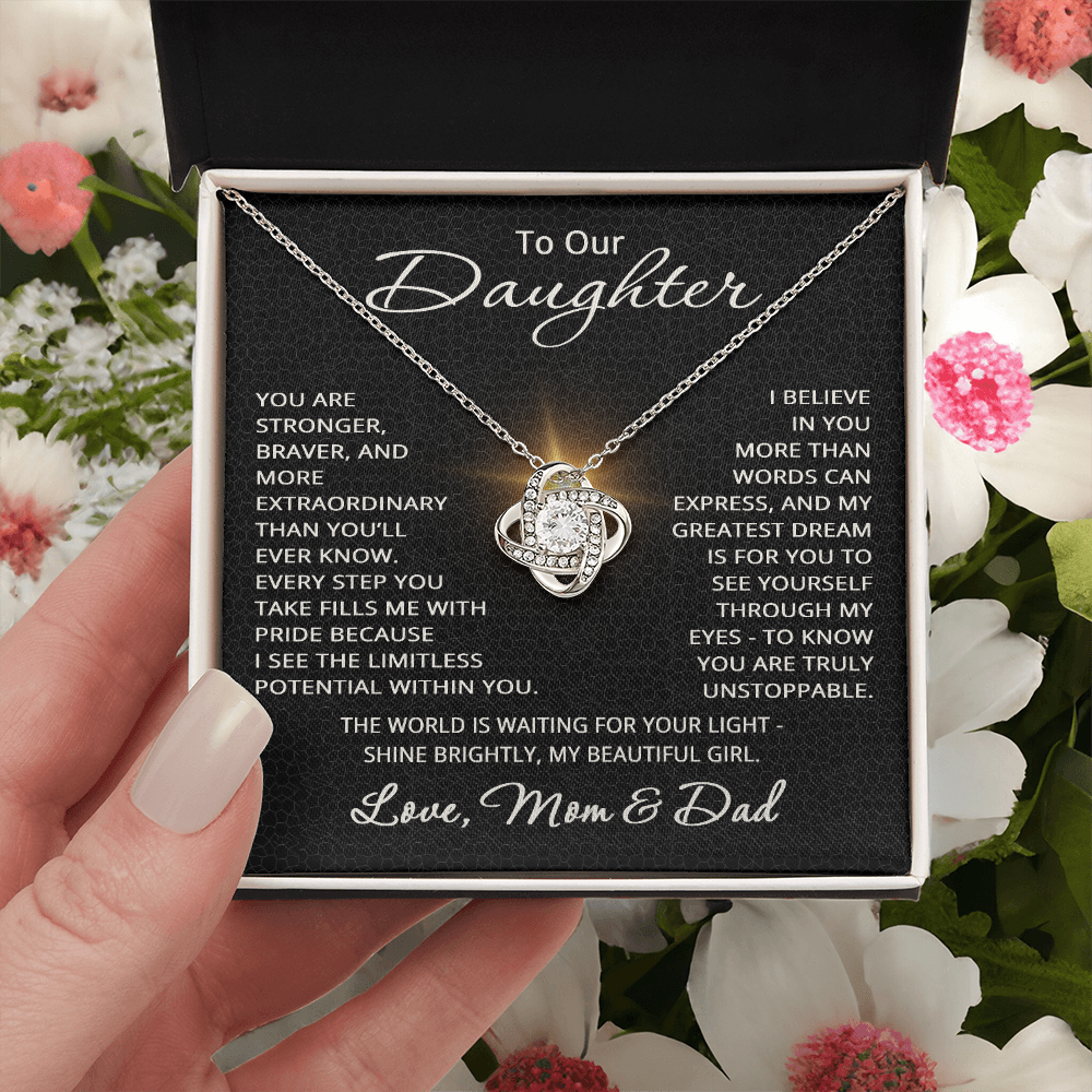 To Our Daughter Necklace – Gift from Mom and Dad – Love Knot Pendant for Birthday or Christmas