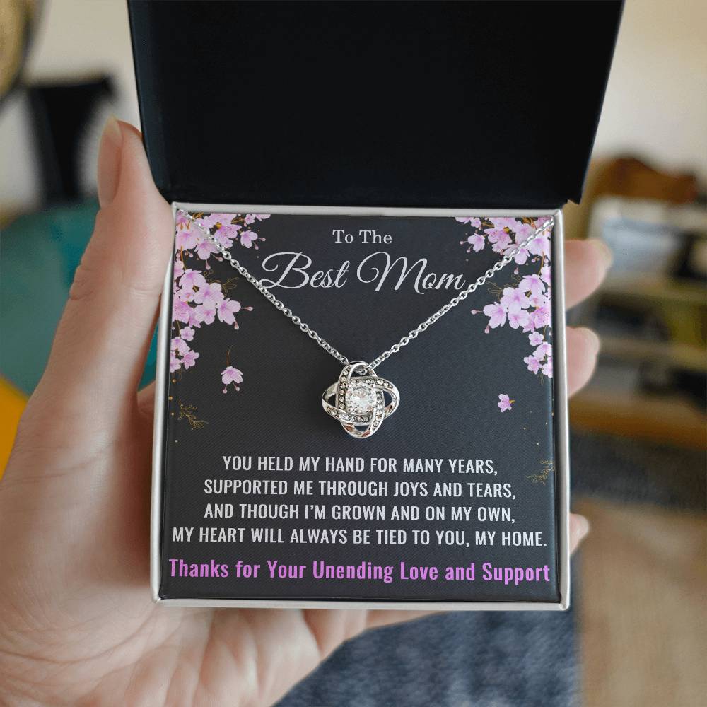To My Mom Necklace from Daughter or Son – Mother’s Day, Birthday, or Christmas Gift – Love Knot Pendant with Thank You for Your Unending Love and Support
