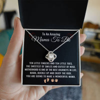 Load image into Gallery viewer, Mama To Be Necklace, Baby Shower Gift for Expecting Mom with Heartfelt Message Card, Love Knot ShineOn Fulfillment
