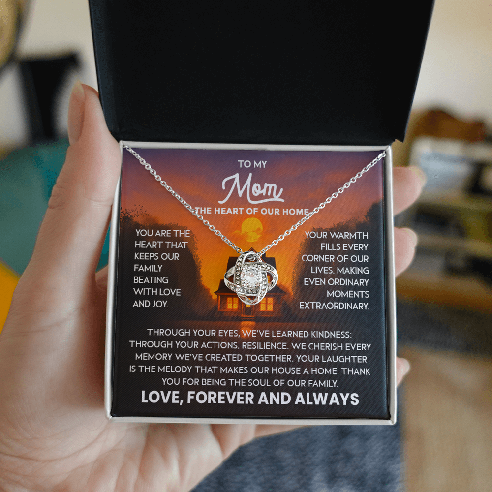 Mom Necklace for Women Stainless Steel, Mom Gifts for Birthday from Son, To My Mom the Heart of Our Home Message Card Jewelry with Love Knot Pendant