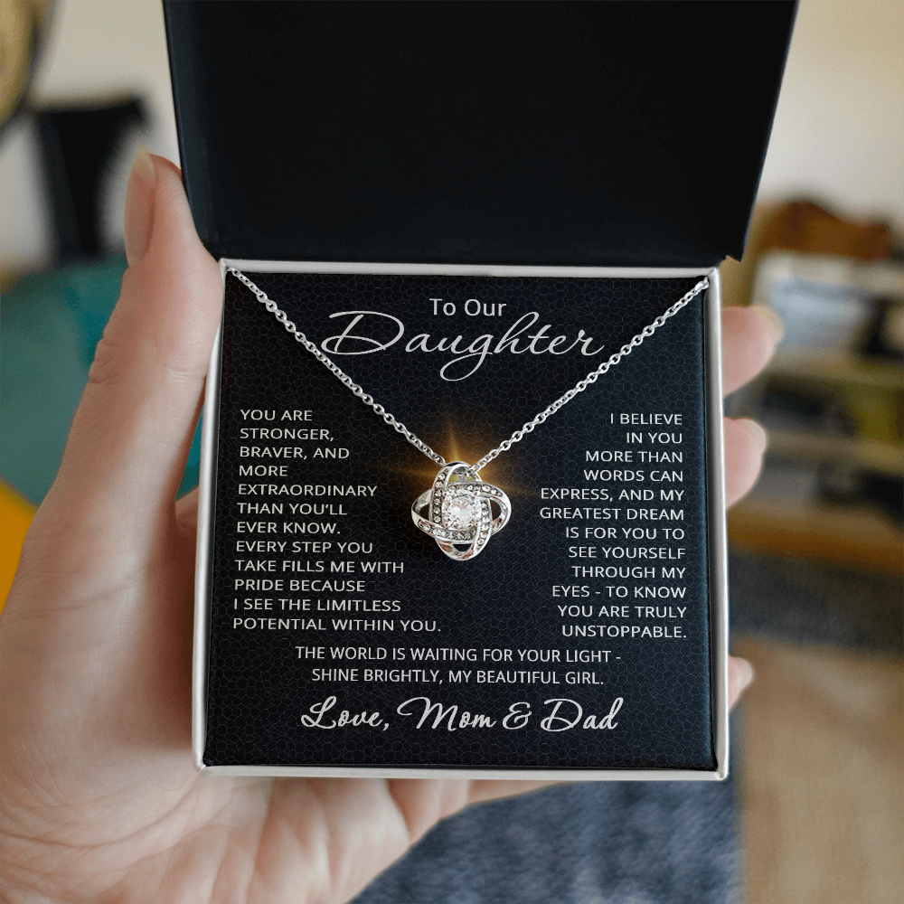 To Our Daughter Necklace – Gift from Mom and Dad – Love Knot Pendant for Birthday or Christmas