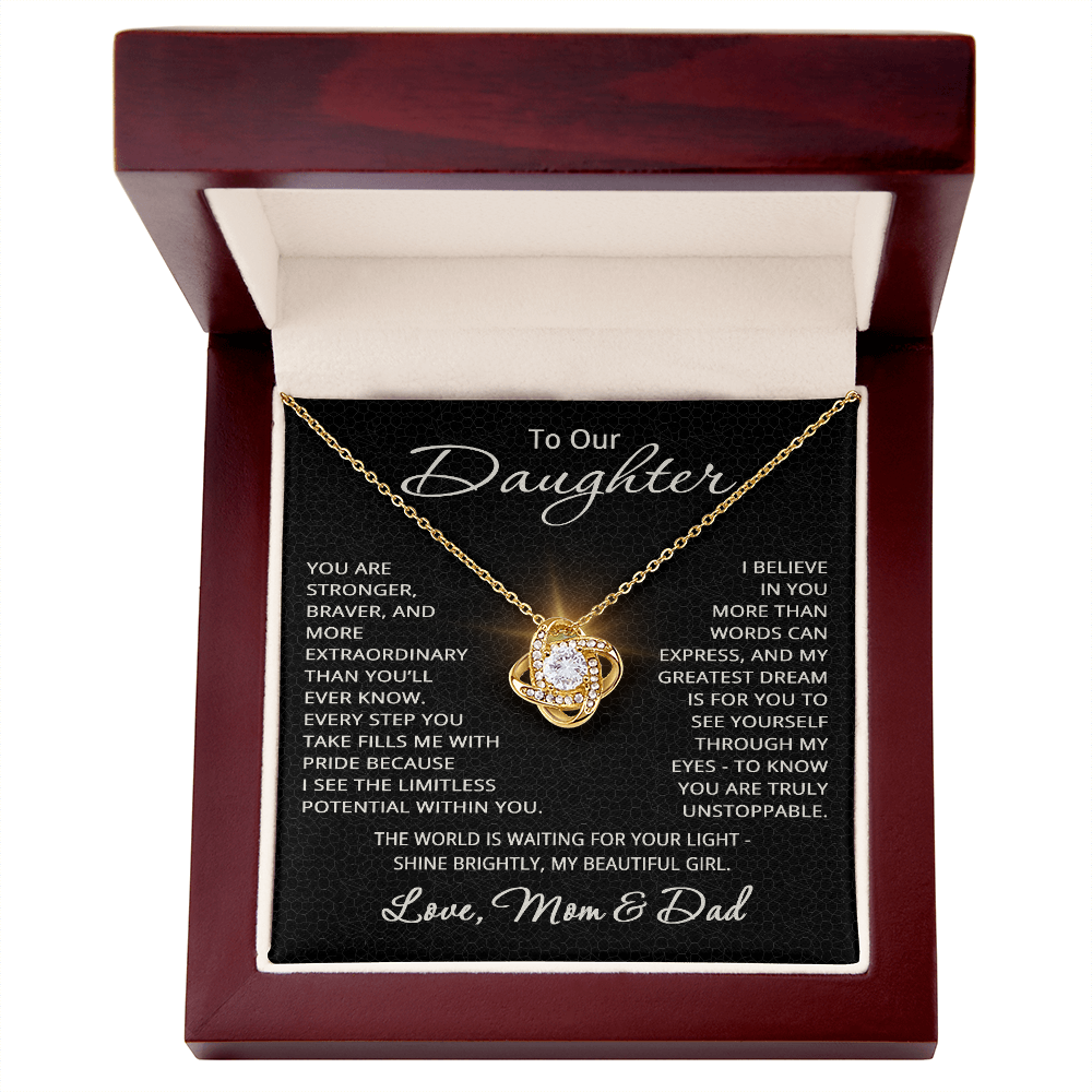 To Our Daughter Necklace – Gift from Mom and Dad – Love Knot Pendant for Birthday or Christmas