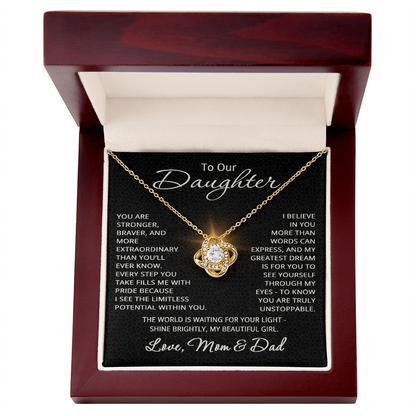 To Our Daughter Necklace – Gift from Mom and Dad – Love Knot Pendant for Birthday or Christmas
