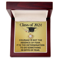 Load image into Gallery viewer, Class of 2024 Graduation Necklace, Love Knot Pendant Inspirational Graduation Gifts for Her, Courage is Not the Absence of Fear, Gifts from Family and Friends, 14k White or 18k Yellow Gold over Stainless Steel ShineOn Fulfillment
