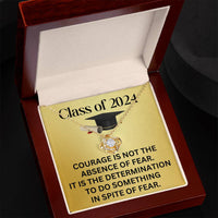 Load image into Gallery viewer, Class of 2024 Graduation Necklace, Love Knot Pendant Inspirational Graduation Gifts for Her, Courage is Not the Absence of Fear, Gifts from Family and Friends, 14k White or 18k Yellow Gold over Stainless Steel ShineOn Fulfillment
