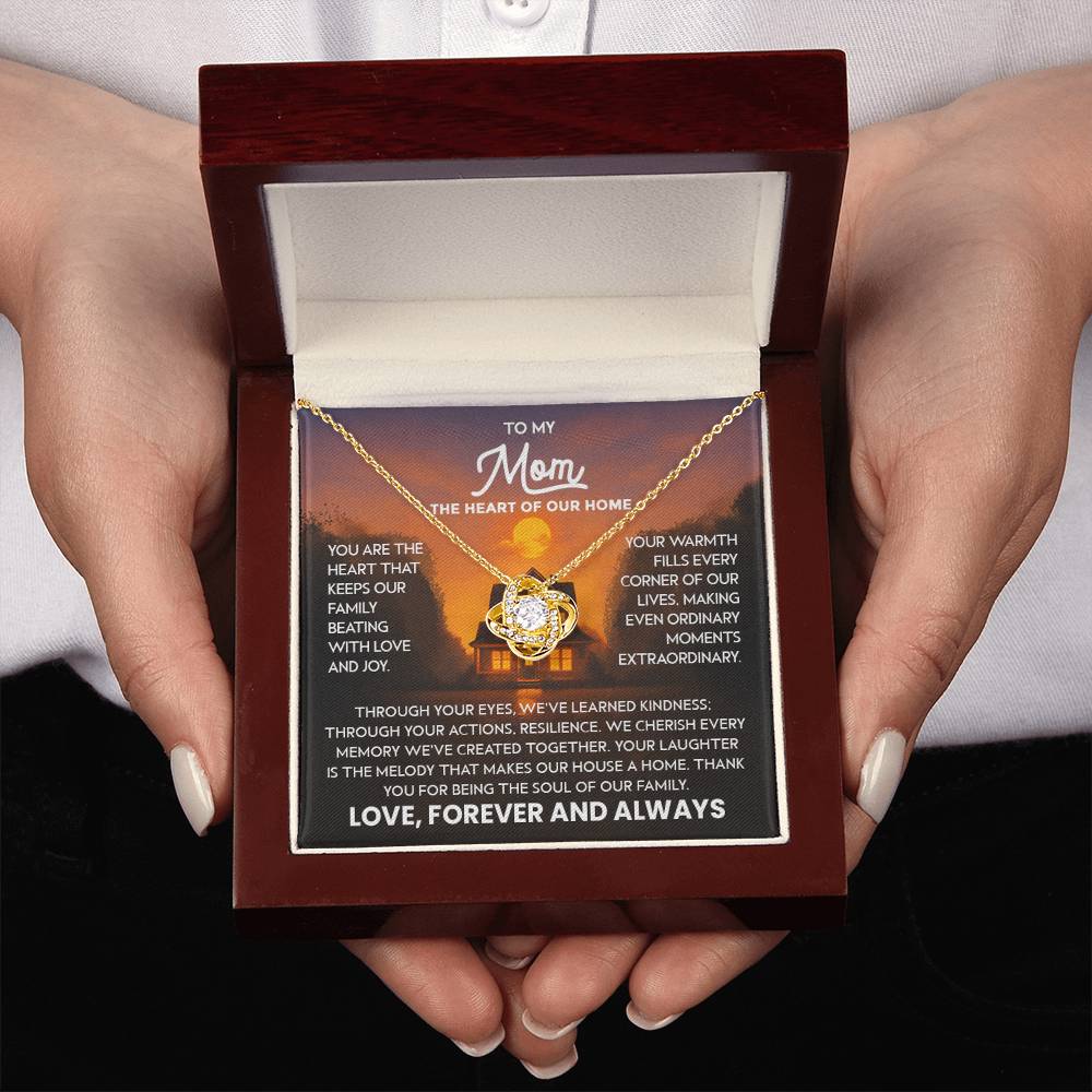 Mom Necklace for Women Stainless Steel, Mom Gifts for Birthday from Son, To My Mom the Heart of Our Home Message Card Jewelry with Love Knot Pendant