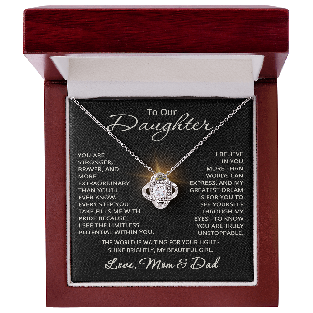 To Our Daughter Necklace – Gift from Mom and Dad – Love Knot Pendant for Birthday or Christmas