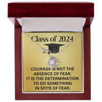 Load image into Gallery viewer, Class of 2024 Graduation Necklace, Love Knot Pendant Inspirational Graduation Gifts for Her, Courage is Not the Absence of Fear, Gifts from Family and Friends, 14k White or 18k Yellow Gold over Stainless Steel ShineOn Fulfillment

