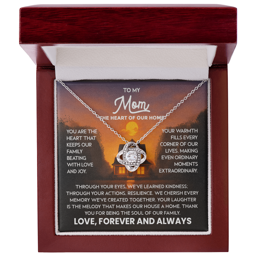 Mom Necklace for Women Stainless Steel, Mom Gifts for Birthday from Son, To My Mom the Heart of Our Home Message Card Jewelry with Love Knot Pendant