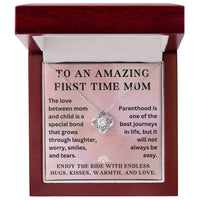 Load image into Gallery viewer, First Time Mom Necklace – New Mom Gift with Heartfelt Message Card, Love Knot Necklace Baby Shower
