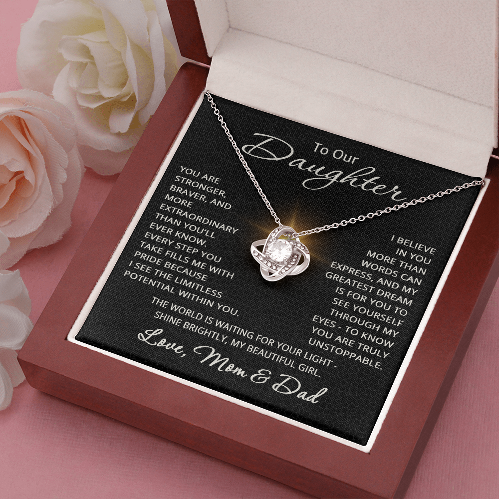 To Our Daughter Necklace – Gift from Mom and Dad – Love Knot Pendant for Birthday or Christmas