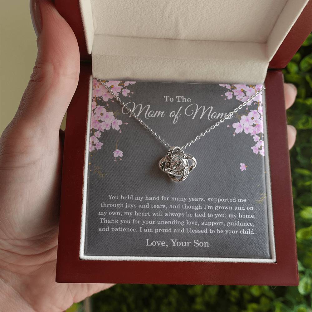 To the Mom of Moms Necklace from Son with Message Card, Sentimental Love Knot Gift for Mom