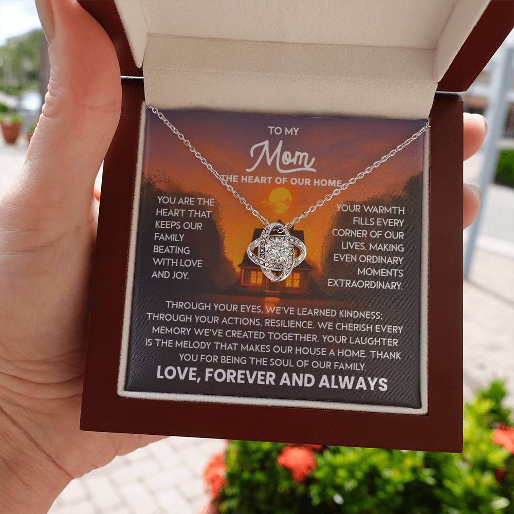 Mom Necklace for Women Stainless Steel, Mom Gifts for Birthday from Son, To My Mom the Heart of Our Home Message Card Jewelry with Love Knot Pendant