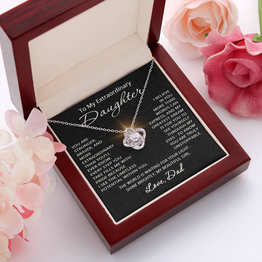 To My Extraordinary Daughter Necklace from Dad Christmas Birthday Jewelry from Father for Daughter Gift with Heartfelt Message Love Knot Pendant