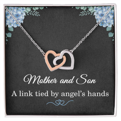 Mom Necklace from Son – Mother’s Day, Birthday, or Christmas Gift – A Link Tied by Angel’s Hands Interlocking Hearts Pendant