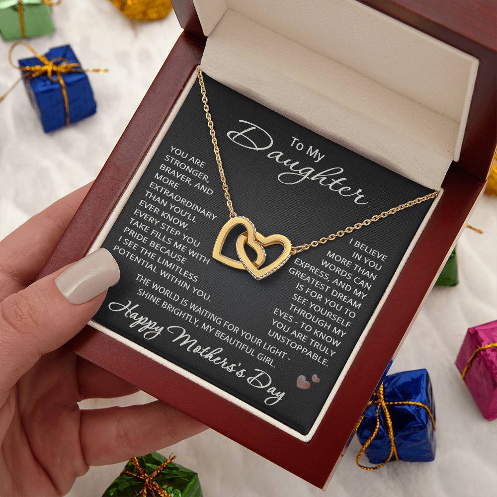 Mother’s Day Gift for Daughter – Interlocking Hearts Necklace with Message Card “To My Daughter”