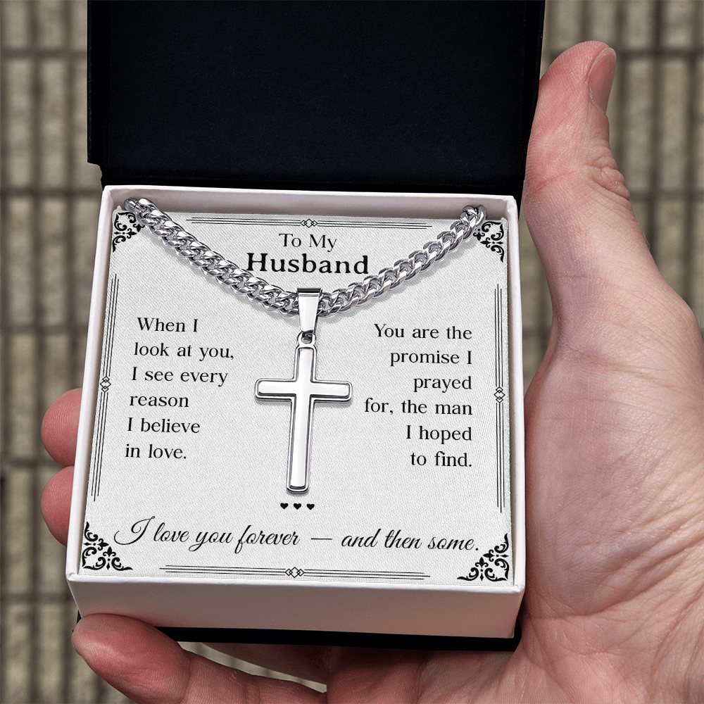 To My Husband Cross Necklace - Men's Adjustable Stainless Steel Cuban Link Chain Gift - - "Forever & Then Some" Husband Message Card