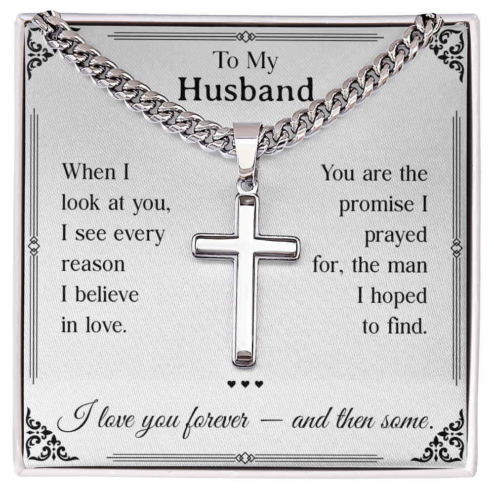 To My Husband Cross Necklace - Men's Adjustable Stainless Steel Cuban Link Chain Gift - - "Forever & Then Some" Husband Message Card