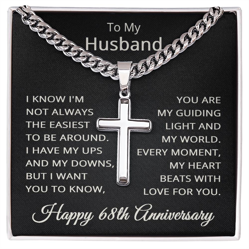 68th Anniversary Necklace for Husband 68 Years Anniversary Jewelry for Him Men Cuban Link Chain with Cross Pendant