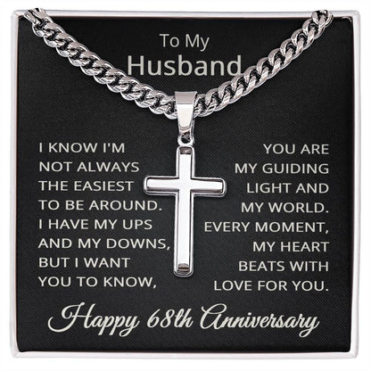 68th Anniversary Necklace for Husband 68 Years Anniversary Jewelry for Him Men Cuban Link Chain with Cross Pendant