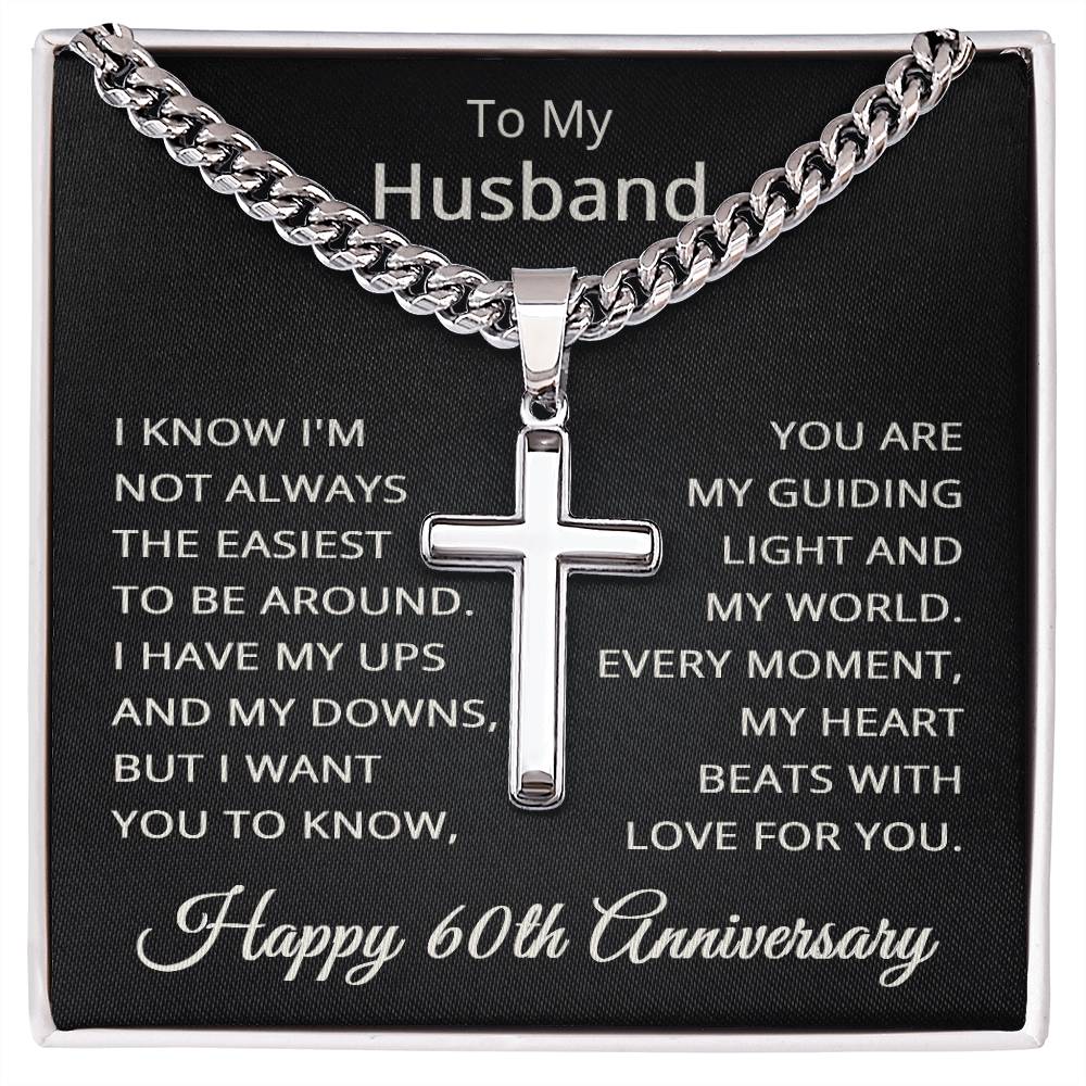 60th Anniversary Necklace for Husband 60 Years Anniversary Jewelry for Him Men Cuban Link Chain with Cross Pendant