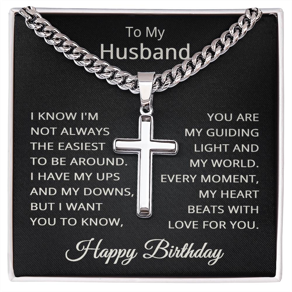 Husband Birthday Necklace for Husband Happy Birthday Gift for Him Men Jewelry Cuban Link Chain with Cross Pendant