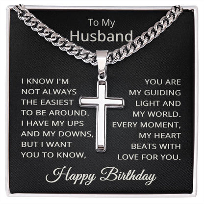 Husband Birthday Necklace for Husband Happy Birthday Gift for Him Men Jewelry Cuban Link Chain with Cross Pendant