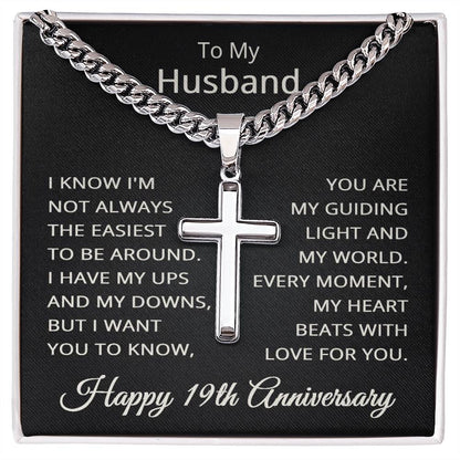 19th Anniversary Necklace for Husband 19 Years Anniversary Jewelry for Him Men Cuban Link Chain with Cross Pendant