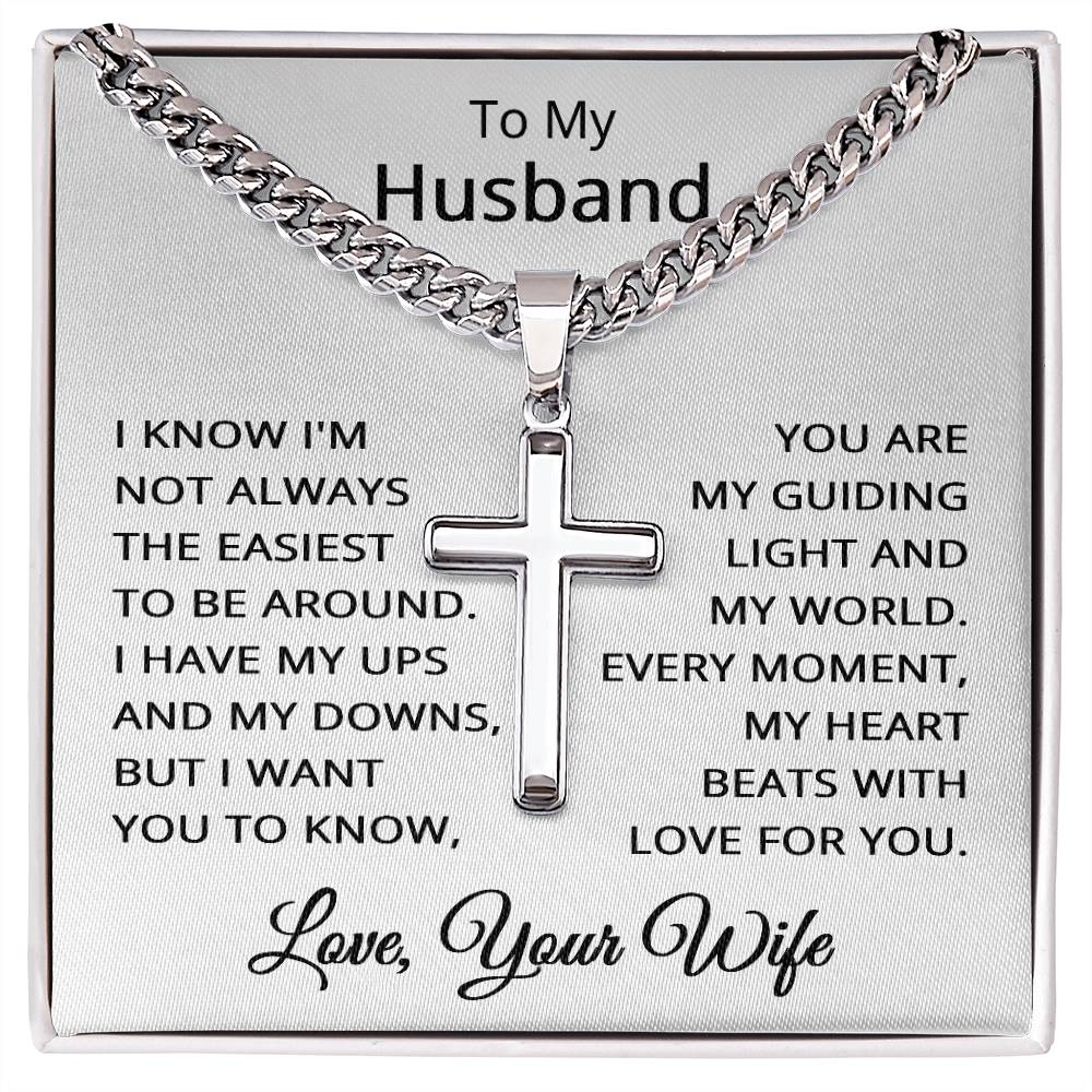 To My Husband Cross Necklace for Men with Cuban Link Chain