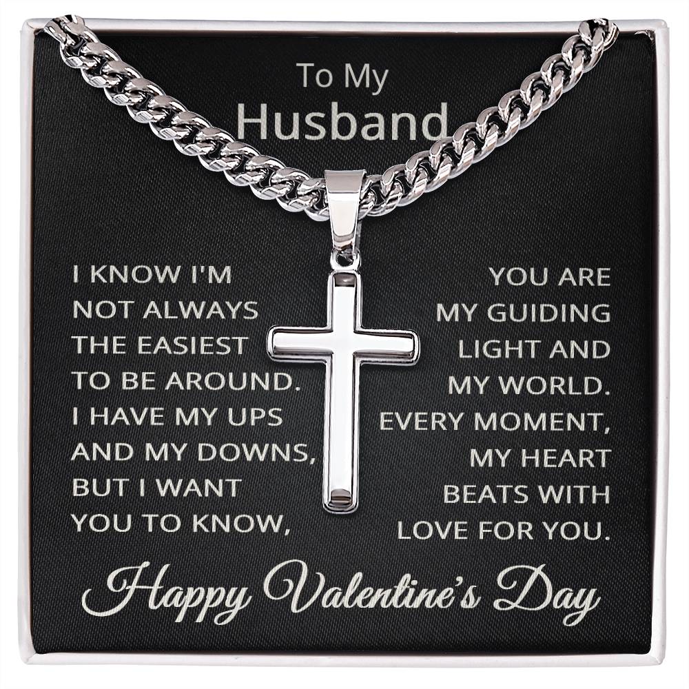 Valentines Day Gift for Husband Valentine's Day Necklace for Husband To My Husband Necklace Jewelry for Him Men Cuban Link Chain with Cross Pendant