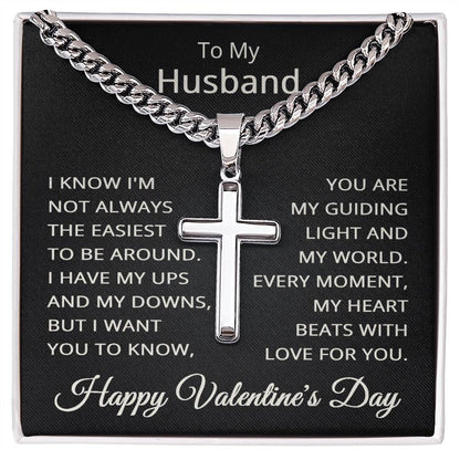 Valentines Day Gift for Husband Valentine's Day Necklace for Husband To My Husband Necklace Jewelry for Him Men Cuban Link Chain with Cross Pendant