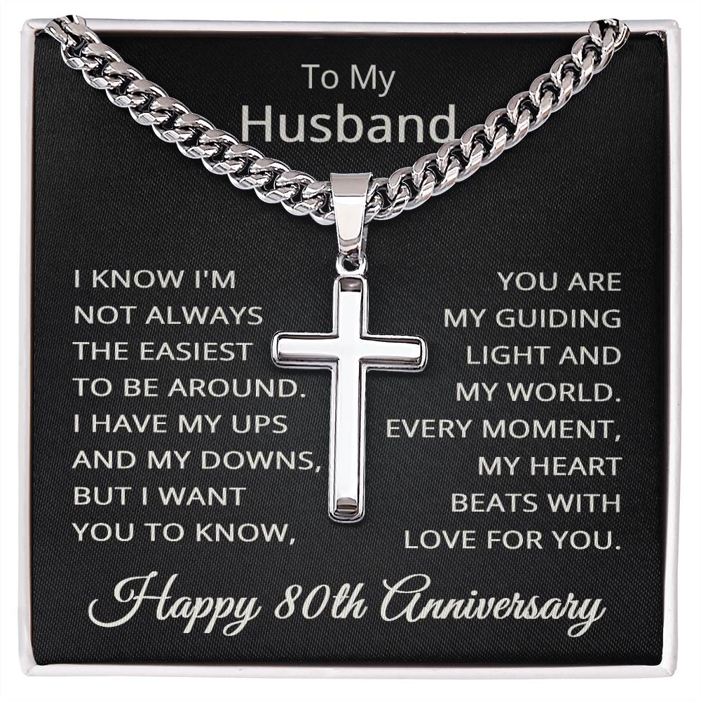 80th Anniversary Necklace for Husband 80 Years Anniversary Jewelry for Him Men Cuban Link Chain with Cross Pendant