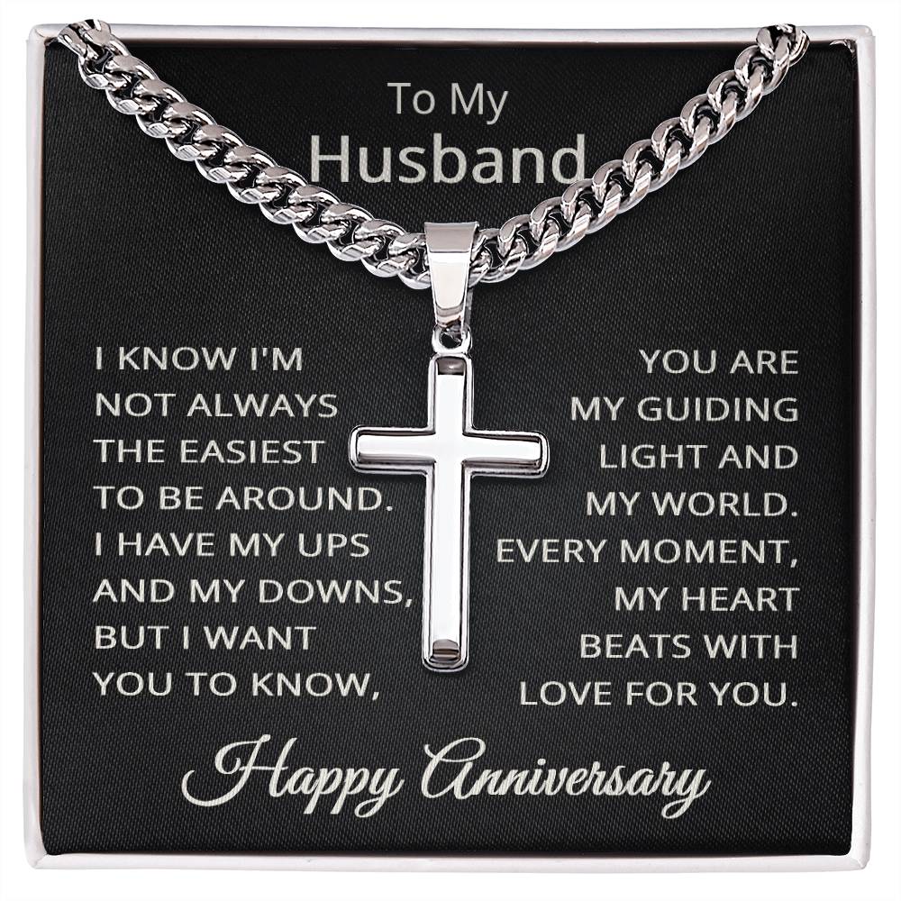 Husband Happy Anniversary Necklace for Husband To My Husband Jewelry for Him Men Cuban Link Chain with Cross Pendant